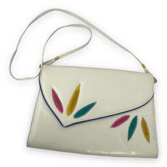 Vintage Handbags - Vintage Cream Faux Leather Envelope Shoulder Bag Purse with Colorful Leaves